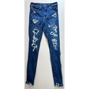 American Eagle Women's Super Stretch Hi Rise Fray Distressed Jeans Size 6 Blue